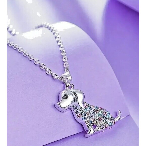RAINBOW Rhinestones Puppy Dog Necklace Women Men Teens - Picture 1 of 5